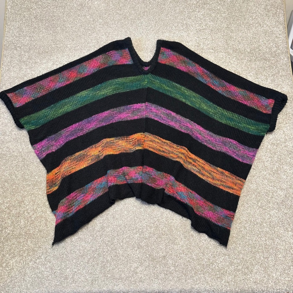 G Rainbow Striped Knit Poncho‎ Black Multi Color V-Neck Bohemian Wrap One Size